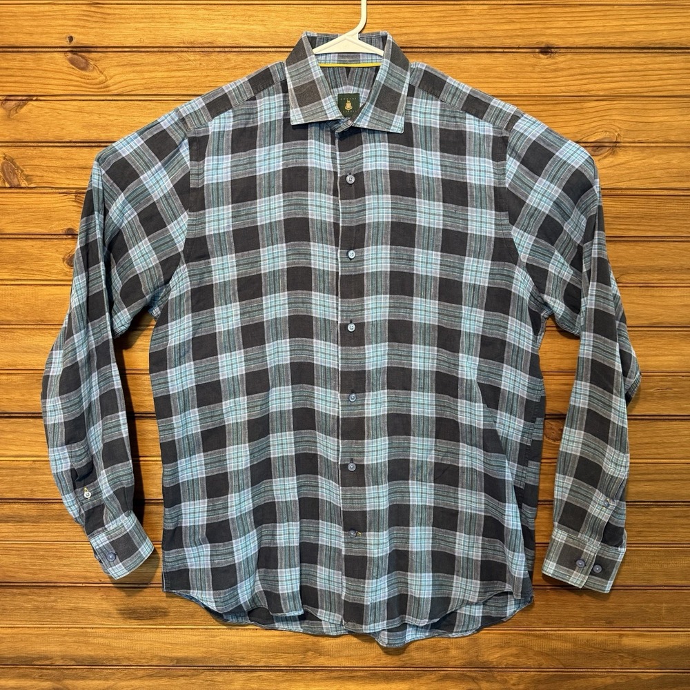 Robert Talbott Linen Shirt Mens Size Large Blue Plaid Button Down Long Sleeve